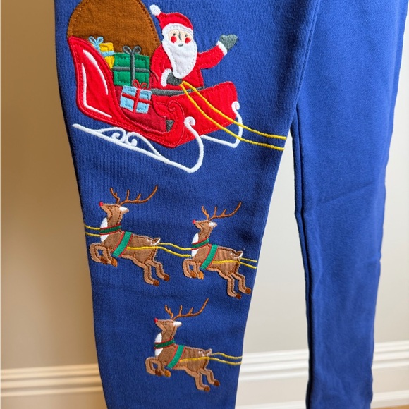 NWT Mini Boden Size 8 Embroidered Blue Joggers with Santa and Reindeer Design - Picture 3 of 4